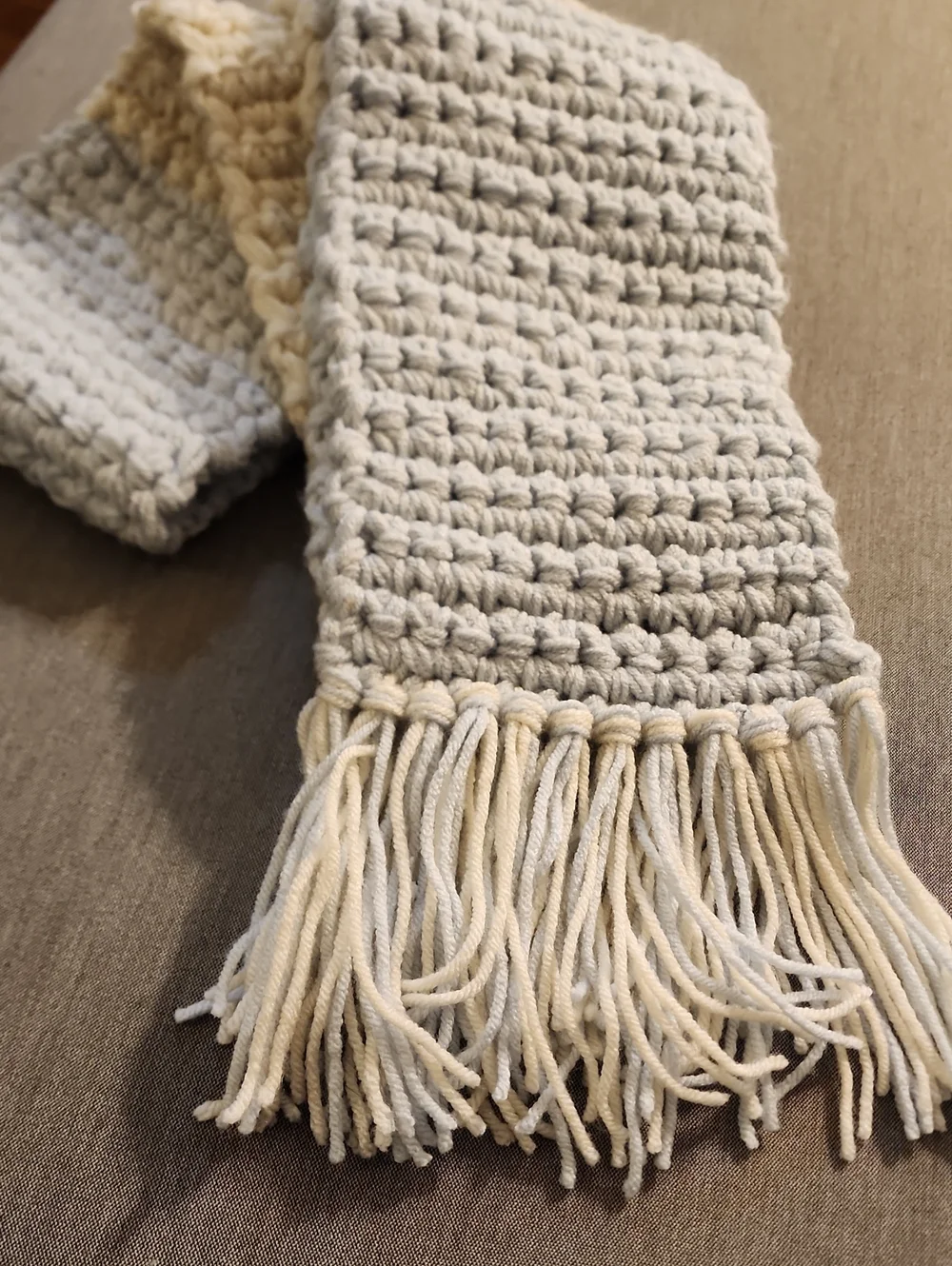 Handknit  Cream Crochet Fringe Woolen Scarf